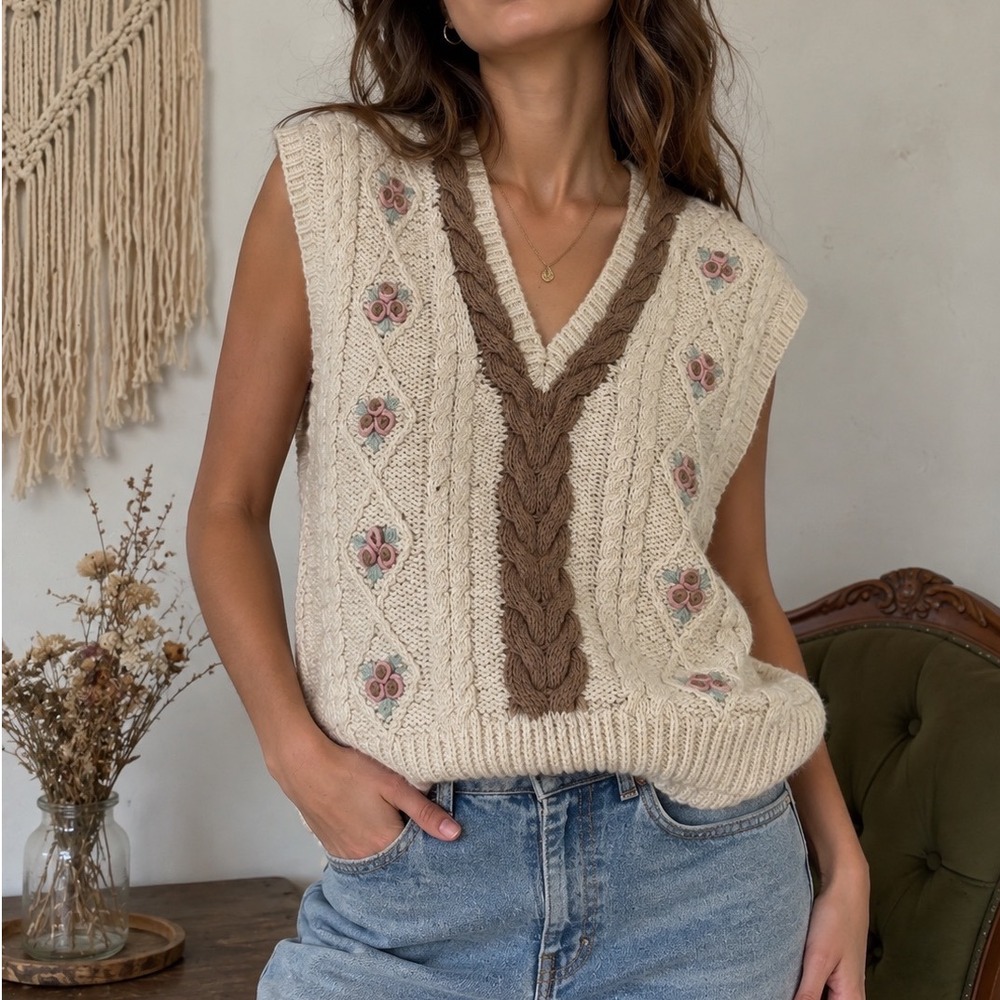 The Villager Vintage Floral Embroidered Cable Knit Sweater Vest Cream Boho qq